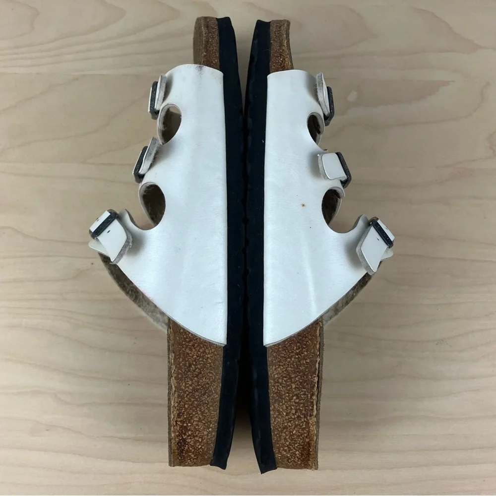Birkenstock Women’s Size 39 / 8.0 Florida White Leather 3 Strap Cork Sandals - Picture 5 of 15